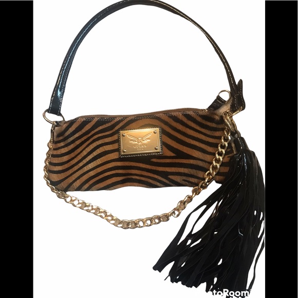 Guia’s 100% Leather Animal Print Gold Chain with Tassel Handbag made in Italy - Picture 3 of 16